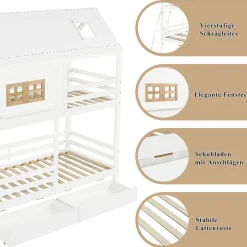 Enfant Okwish Lit Superposé 90x200 cm - Lit Enfant Cabane avec Toit, Fenêtres et Échelle, 2 Grands Tiroirs, MDF, Blanc et Naturel, sans Matelas