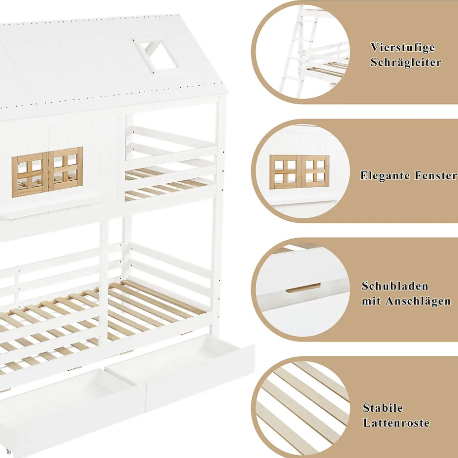Enfant Okwish Lit Superposé 90x200 cm - Lit Enfant Cabane avec Toit, Fenêtres et Échelle, 2 Grands Tiroirs, MDF, Blanc et Naturel, sans Matelas