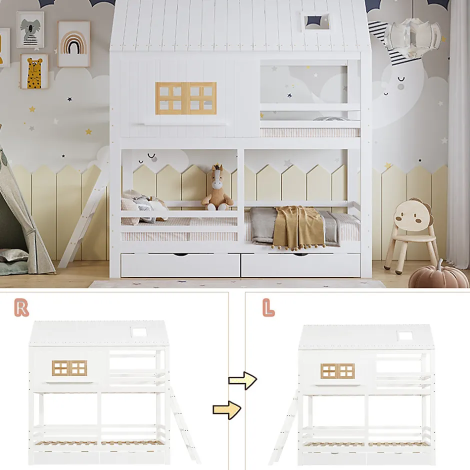 Enfant Okwish Lit Superposé 90x200 cm - Lit Enfant Cabane avec Toit, Fenêtres et Échelle, 2 Grands Tiroirs, MDF, Blanc et Naturel, sans Matelas