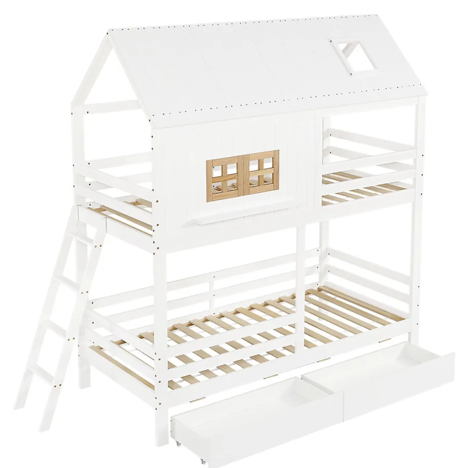 Enfant Okwish Lit Superposé 90x200 cm - Lit Enfant Cabane avec Toit, Fenêtres et Échelle, 2 Grands Tiroirs, MDF, Blanc et Naturel, sans Matelas