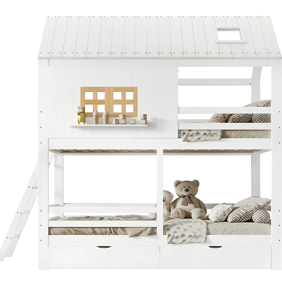 Enfant Okwish Lit Superposé 90x200 cm - Lit Enfant Cabane avec Toit, Fenêtres et Échelle, 2 Grands Tiroirs, MDF, Blanc et Naturel, sans Matelas