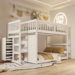 Generique Lit Superposé 140x200 cm - Lit Junior avec Rangement, Cadre en Bois avec Clôture, Sans Matelas, Blanc Online