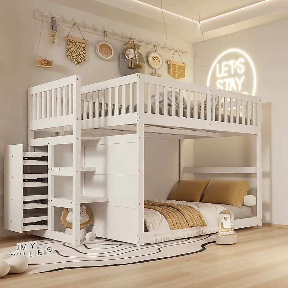 Generique Lit Superposé 140x200 cm - Lit Junior avec Rangement, Cadre en Bois avec Clôture, Sans Matelas, Blanc Online