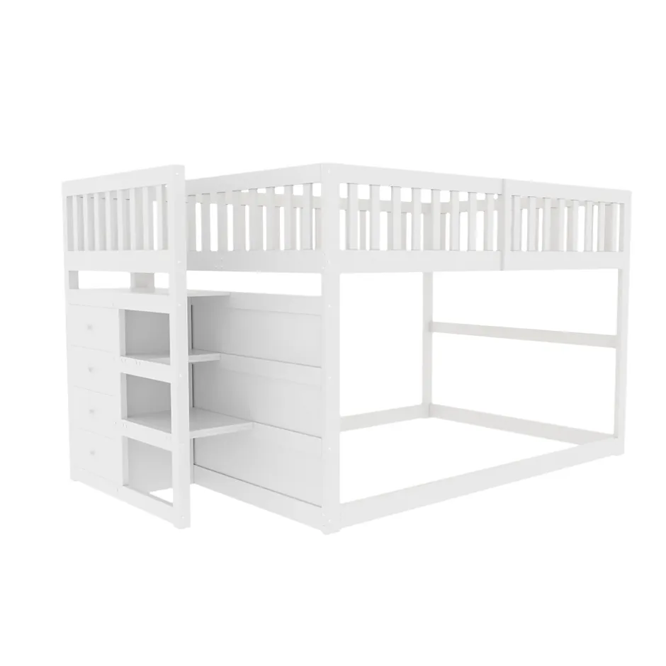 Generique Lit Superposé 140x200 cm - Lit Junior avec Rangement, Cadre en Bois avec Clôture, Sans Matelas, Blanc Online