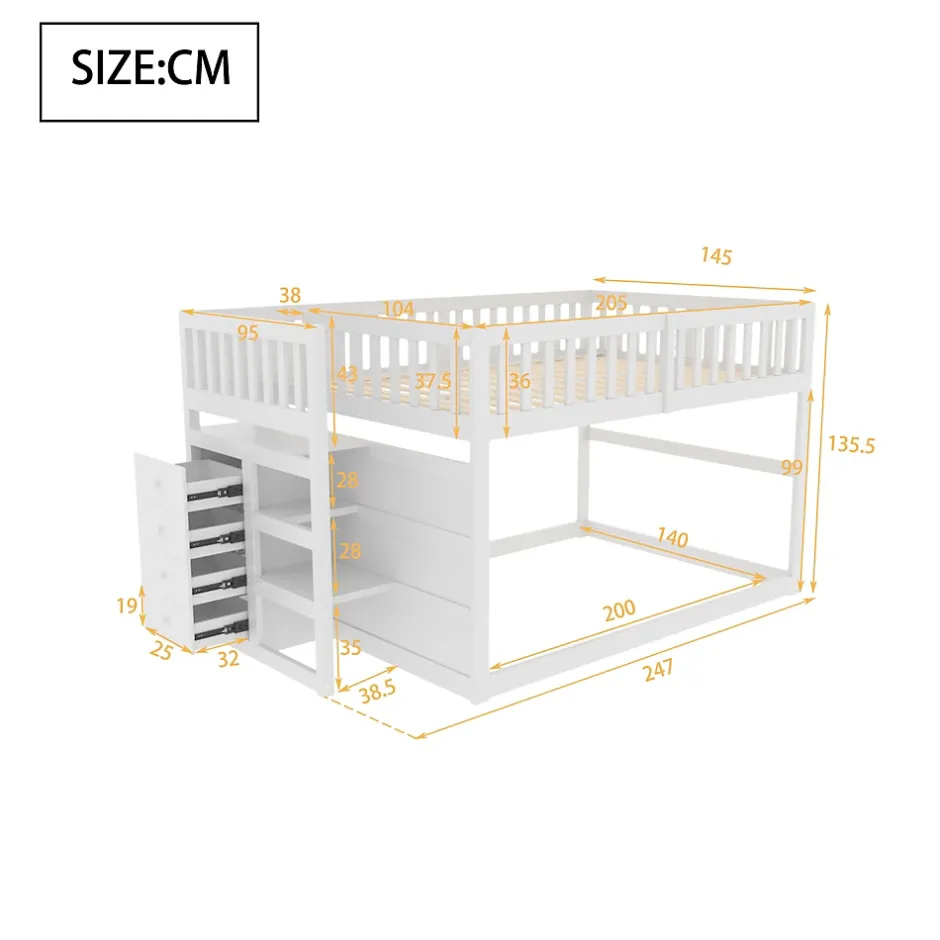 Generique Lit Superposé 140x200 cm - Lit Junior avec Rangement, Cadre en Bois avec Clôture, Sans Matelas, Blanc Online