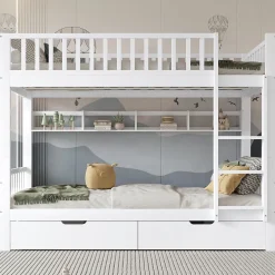 Enfant Okwish Lit superposé 90x200 cm - Lit simple avec rangement et étagères, tiroirs intégrés, structure en pin et MDF - Sans matelas - Blanc