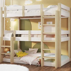 Enfant ModernLuxe Lit superposé 90x190 cm - Lit triple - Avec échelle de sécurité - Blanc + naturel (matelas non inclus)