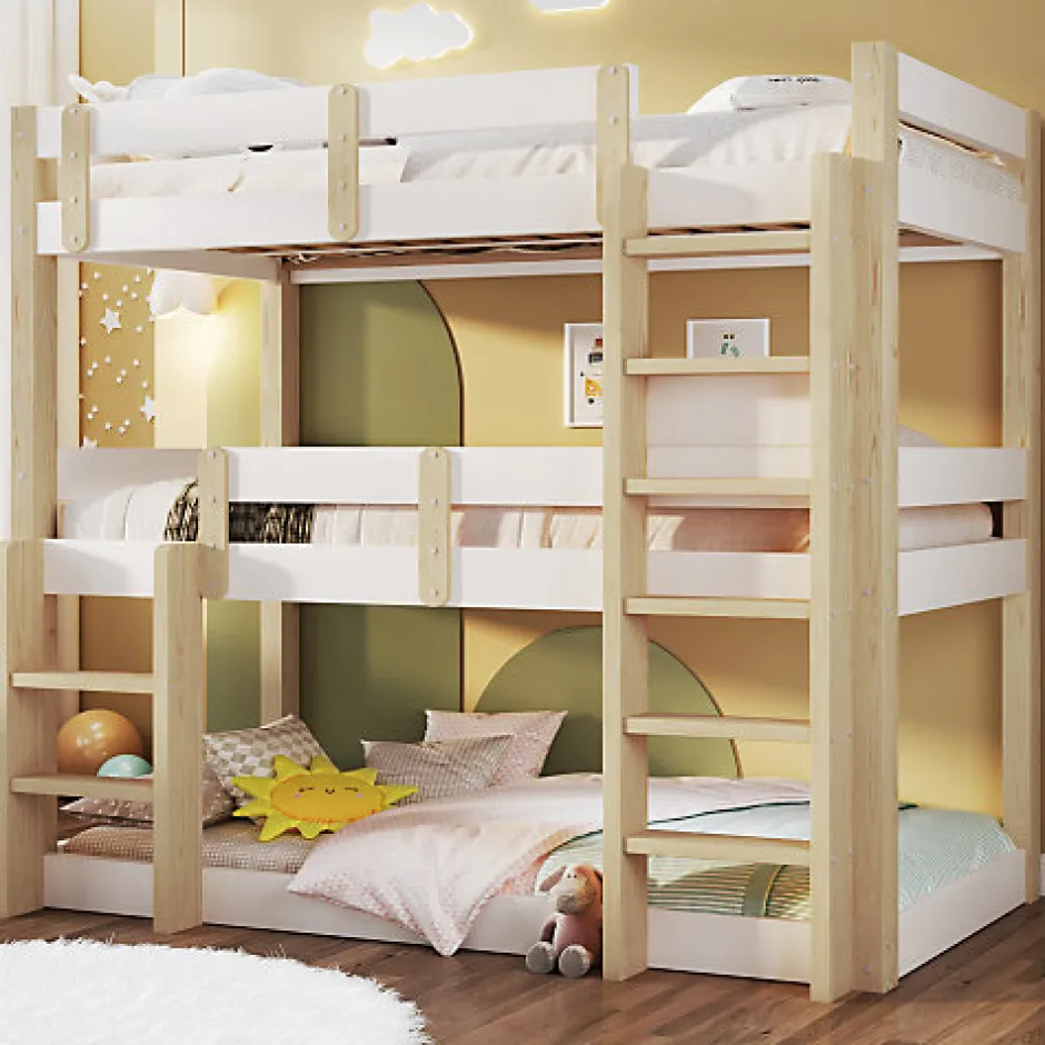 Enfant ModernLuxe Lit superposé 90x190 cm - Lit triple - Avec échelle de sécurité - Blanc + naturel (matelas non inclus)