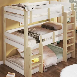 Enfant ModernLuxe Lit superposé 90x190 cm - Lit triple - Avec échelle de sécurité - Blanc + naturel (matelas non inclus)
