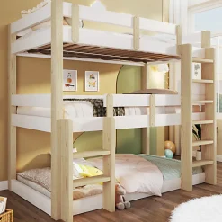 Enfant ModernLuxe Lit superposé 90x190 cm - Lit triple - Avec échelle de sécurité - Blanc + naturel (matelas non inclus)