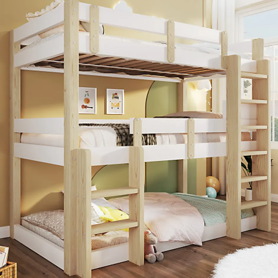 Enfant ModernLuxe Lit superposé 90x190 cm - Lit triple - Avec échelle de sécurité - Blanc + naturel (matelas non inclus)