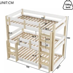 Enfant ModernLuxe Lit superposé 90x190 cm - Lit triple - Avec échelle de sécurité - Blanc + naturel (matelas non inclus)