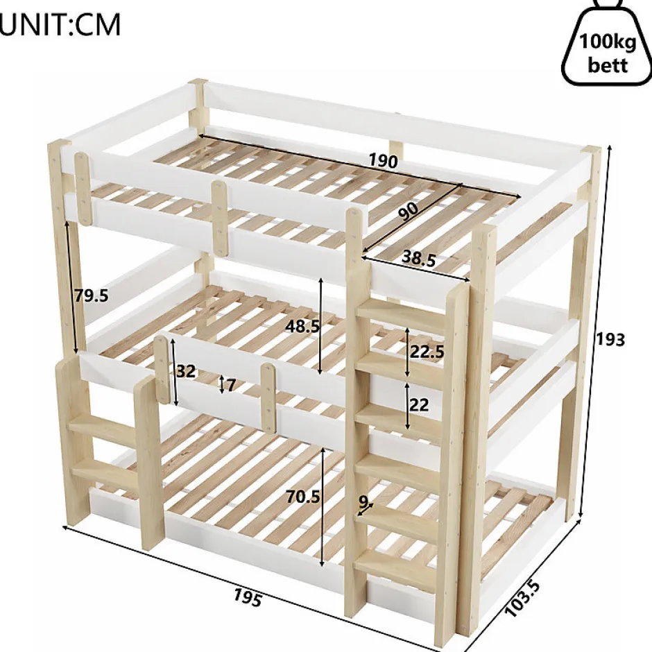 Enfant ModernLuxe Lit superposé 90x190 cm - Lit triple - Avec échelle de sécurité - Blanc + naturel (matelas non inclus)