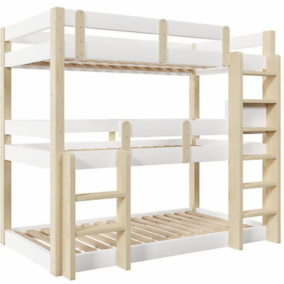 Enfant ModernLuxe Lit superposé 90x190 cm - Lit triple - Avec échelle de sécurité - Blanc + naturel (matelas non inclus)