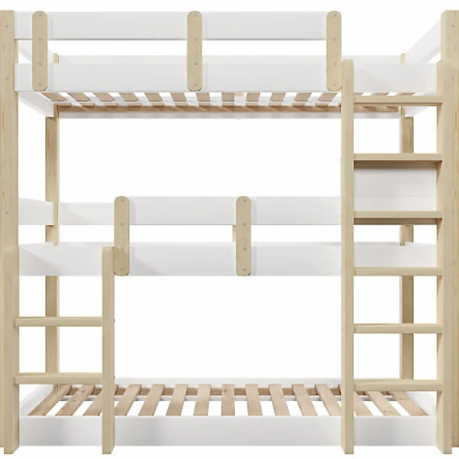 Enfant ModernLuxe Lit superposé 90x190 cm - Lit triple - Avec échelle de sécurité - Blanc + naturel (matelas non inclus)