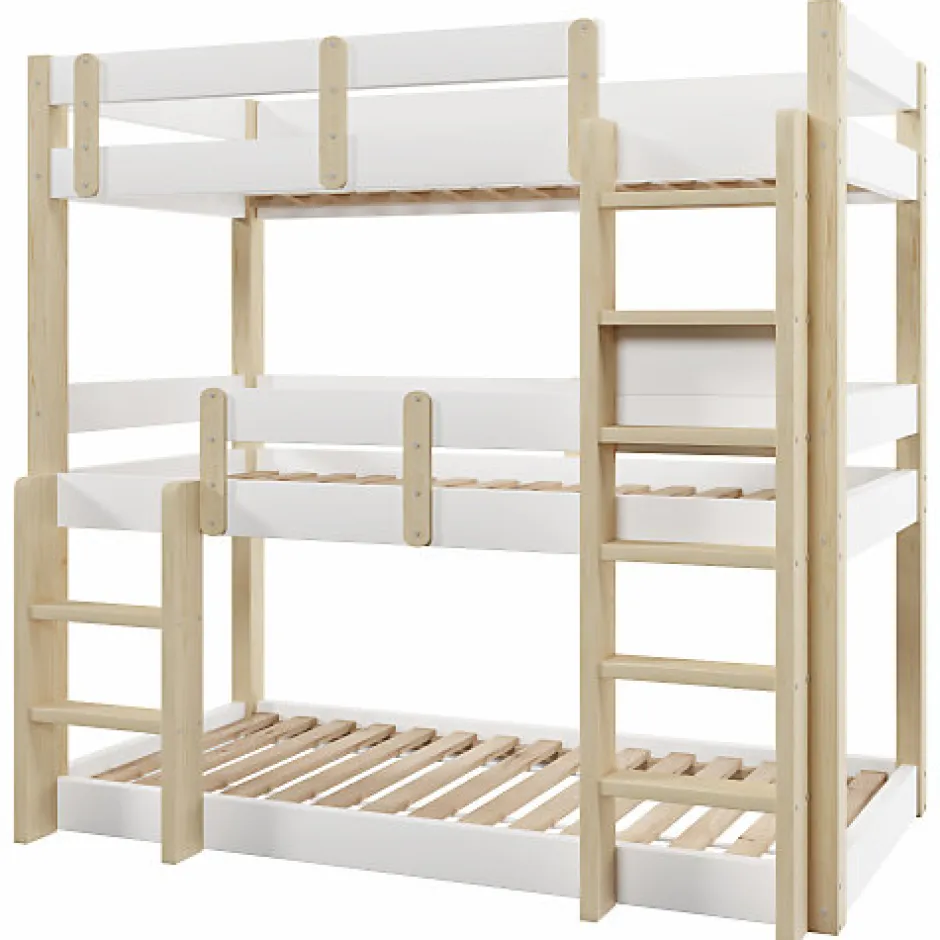 Enfant ModernLuxe Lit superposé 90x190 cm - Lit triple - Avec échelle de sécurité - Blanc + naturel (matelas non inclus)