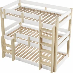 Enfant ModernLuxe Lit superposé 90x190 cm - Lit triple - Avec échelle de sécurité - Blanc + naturel (matelas non inclus)