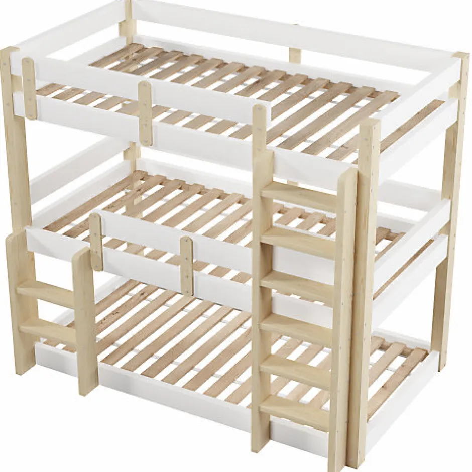 Enfant ModernLuxe Lit superposé 90x190 cm - Lit triple - Avec échelle de sécurité - Blanc + naturel (matelas non inclus)