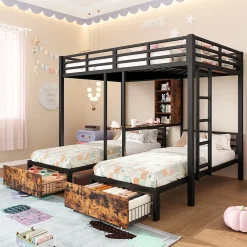 Okwish Lit superposé 140x200 cm + 90x200 cm - Lit avec rangement avec 2 tiroirs- Métal et MDF - Facile à monter - Sans matelas - Noir Hot
