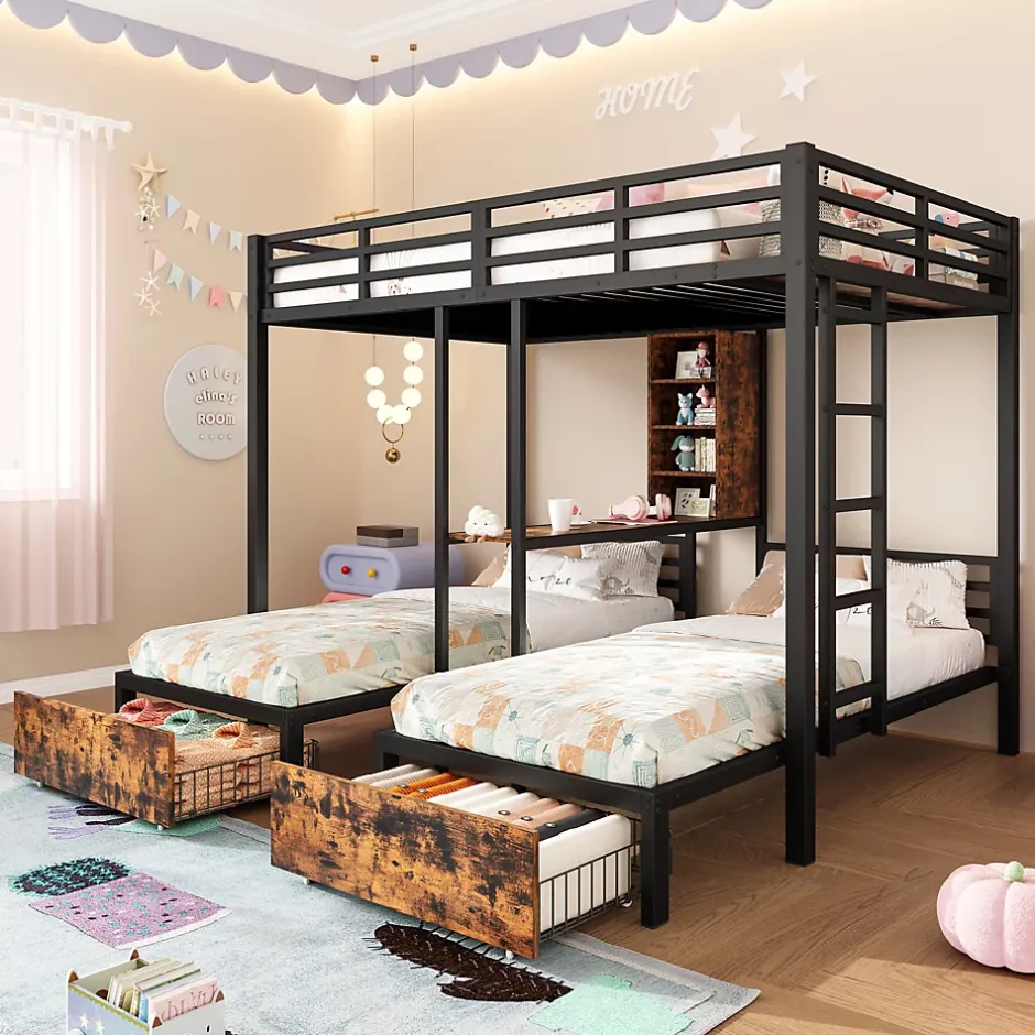 Okwish Lit superposé 140x200 cm + 90x200 cm - Lit avec rangement avec 2 tiroirs- Métal et MDF - Facile à monter - Sans matelas - Noir Hot