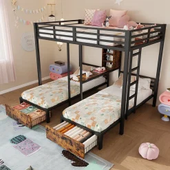 Okwish Lit superposé 140x200 cm + 90x200 cm - Lit avec rangement avec 2 tiroirs- Métal et MDF - Facile à monter - Sans matelas - Noir Hot