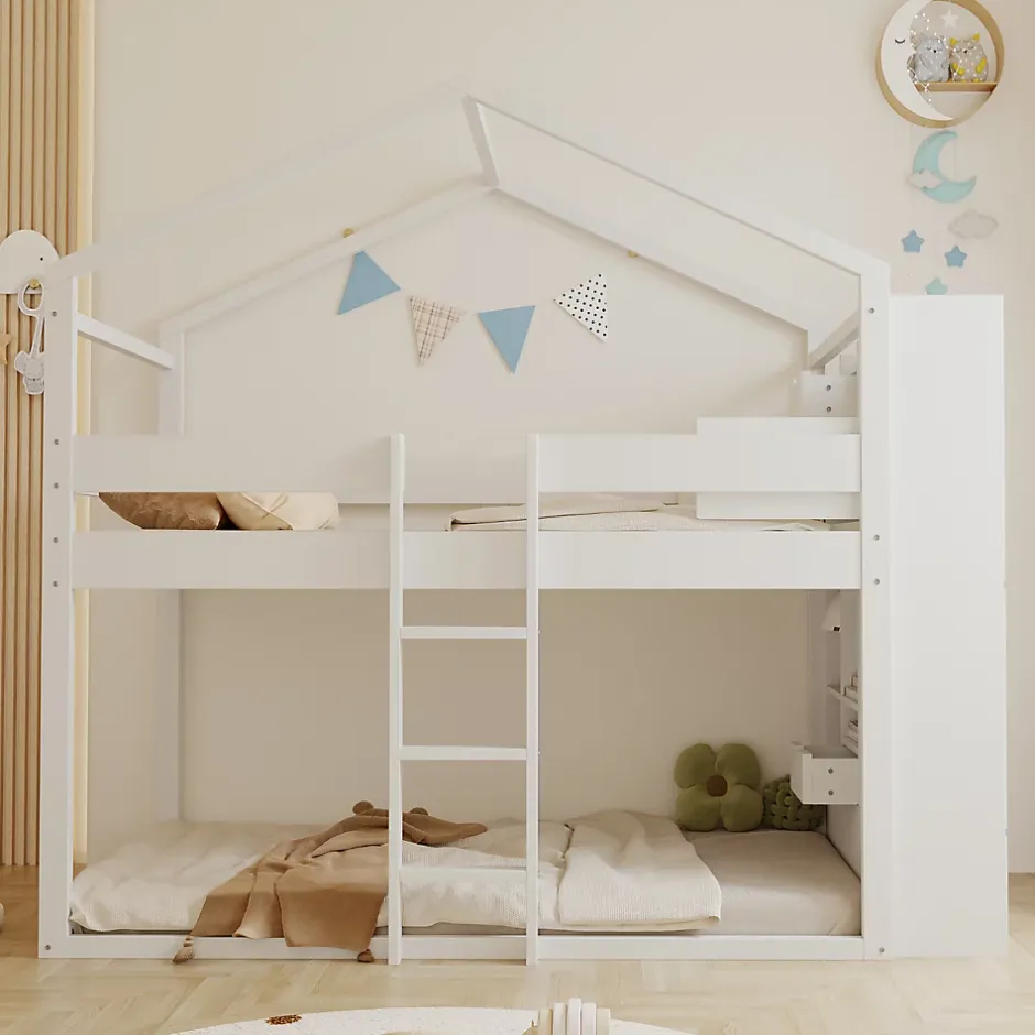 ModernLuxe Lit superposé 90x200 cm avec 2 tiroirs - avec compartiments de rangement - avec sommier à lattes - blanc (sans matelas) Discount