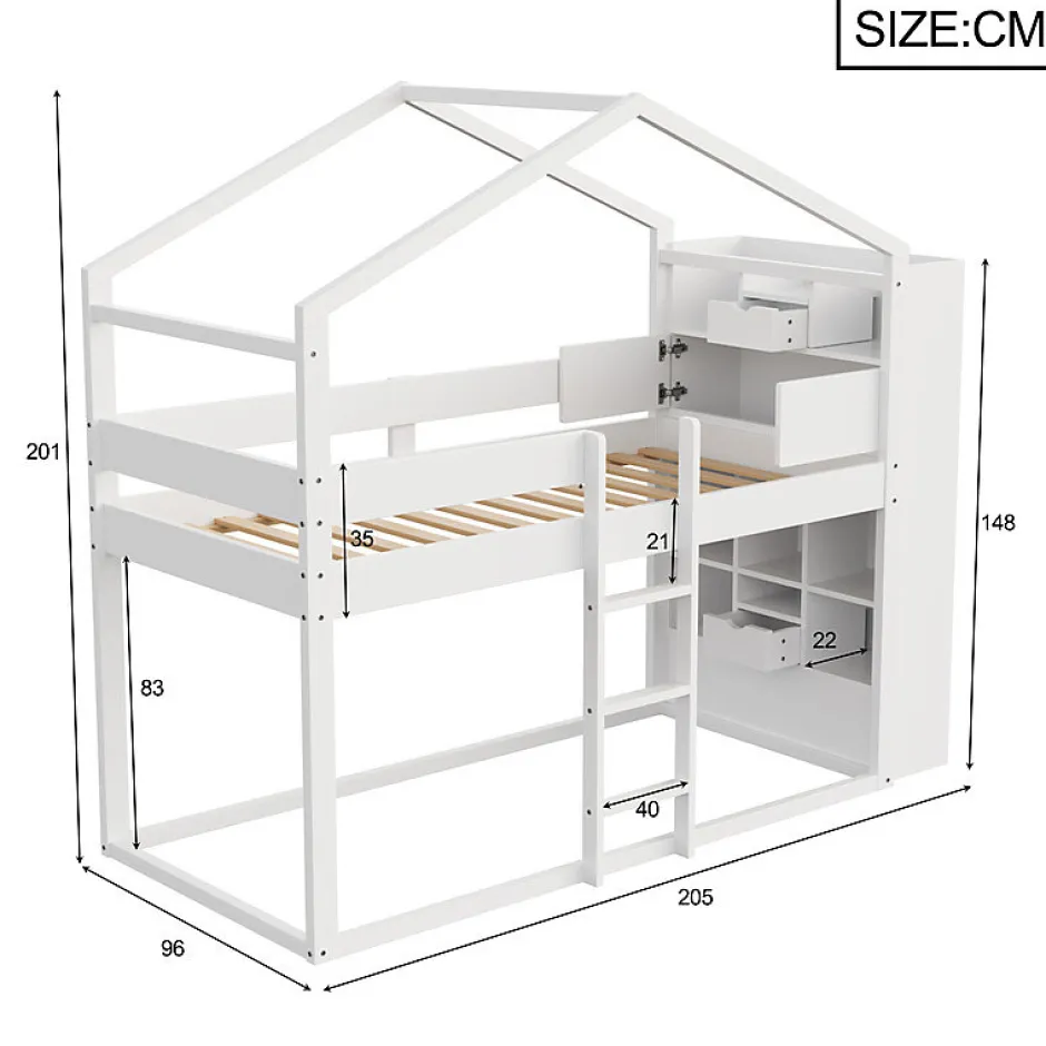 ModernLuxe Lit superposé 90x200 cm avec 2 tiroirs - avec compartiments de rangement - avec sommier à lattes - blanc (sans matelas) Discount