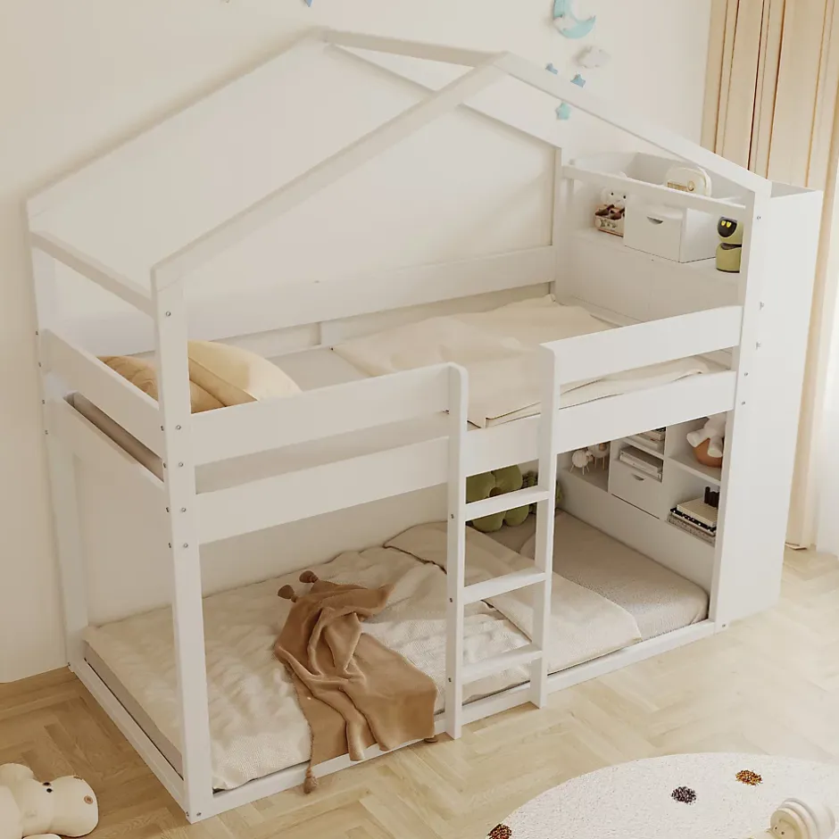 ModernLuxe Lit superposé 90x200 cm avec 2 tiroirs - avec compartiments de rangement - avec sommier à lattes - blanc (sans matelas) Discount