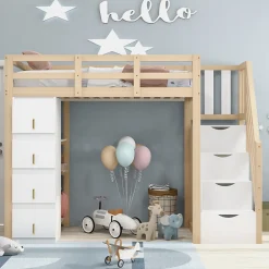 Enfant Redom Lit superposé 90x200 cm avec 4 tiroirs et échelle sécurisée en bois massif, gain de place chambre enfant