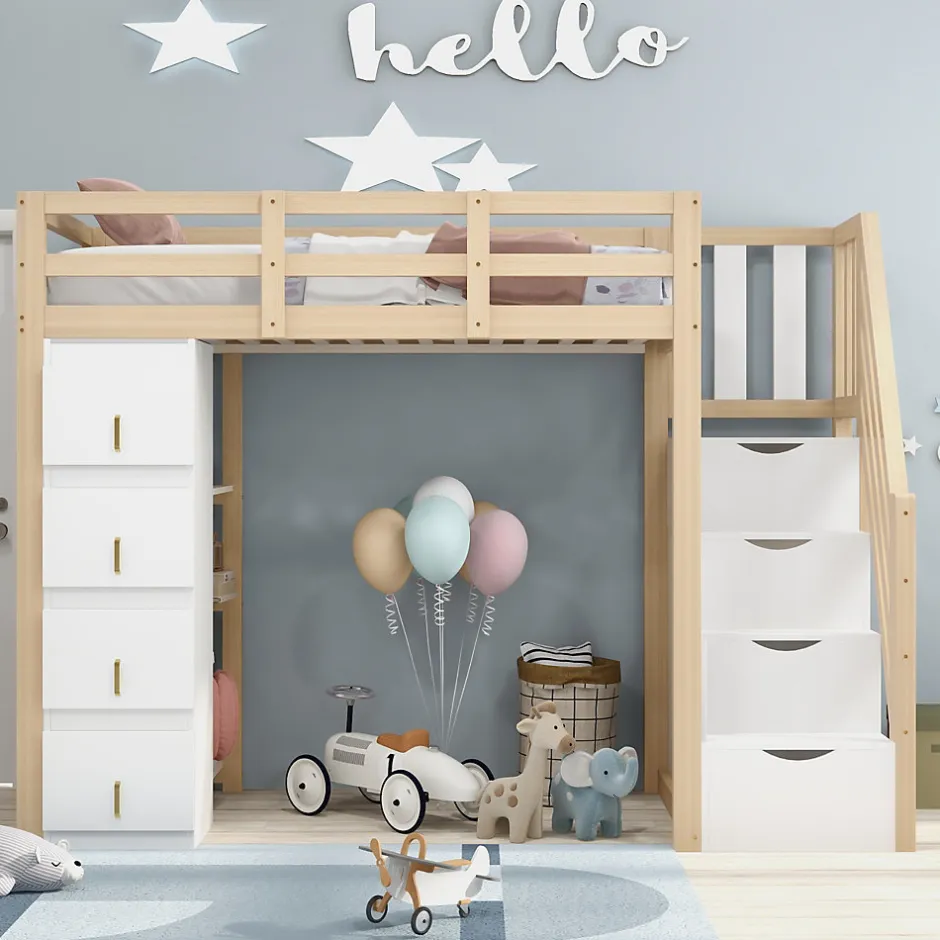 Enfant Redom Lit superposé 90x200 cm avec 4 tiroirs et échelle sécurisée en bois massif, gain de place chambre enfant