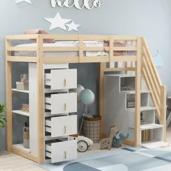 Enfant Redom Lit superposé 90x200 cm avec 4 tiroirs et échelle sécurisée en bois massif, gain de place chambre enfant