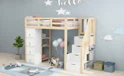 Enfant Redom Lit superposé 90x200 cm avec 4 tiroirs et échelle sécurisée en bois massif, gain de place chambre enfant
