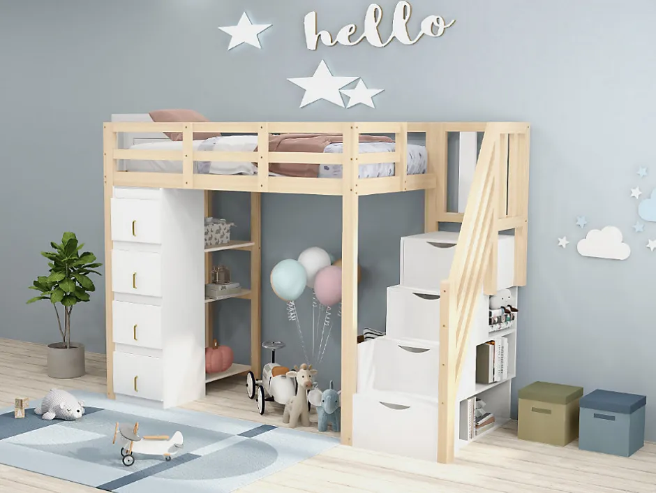 Enfant Redom Lit superposé 90x200 cm avec 4 tiroirs et échelle sécurisée en bois massif, gain de place chambre enfant