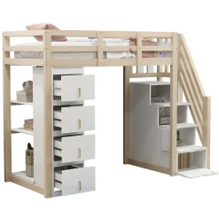 Enfant Redom Lit superposé 90x200 cm avec 4 tiroirs et échelle sécurisée en bois massif, gain de place chambre enfant