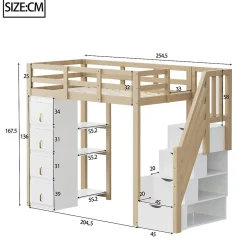 Enfant Redom Lit superposé 90x200 cm avec 4 tiroirs et échelle sécurisée en bois massif, gain de place chambre enfant