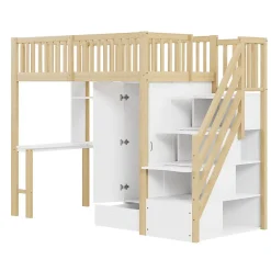 Redom Lit superposé 90x200 cm avec armoire et bureau intégrés, structure bois massif blanc/naturel, gain de place Best
