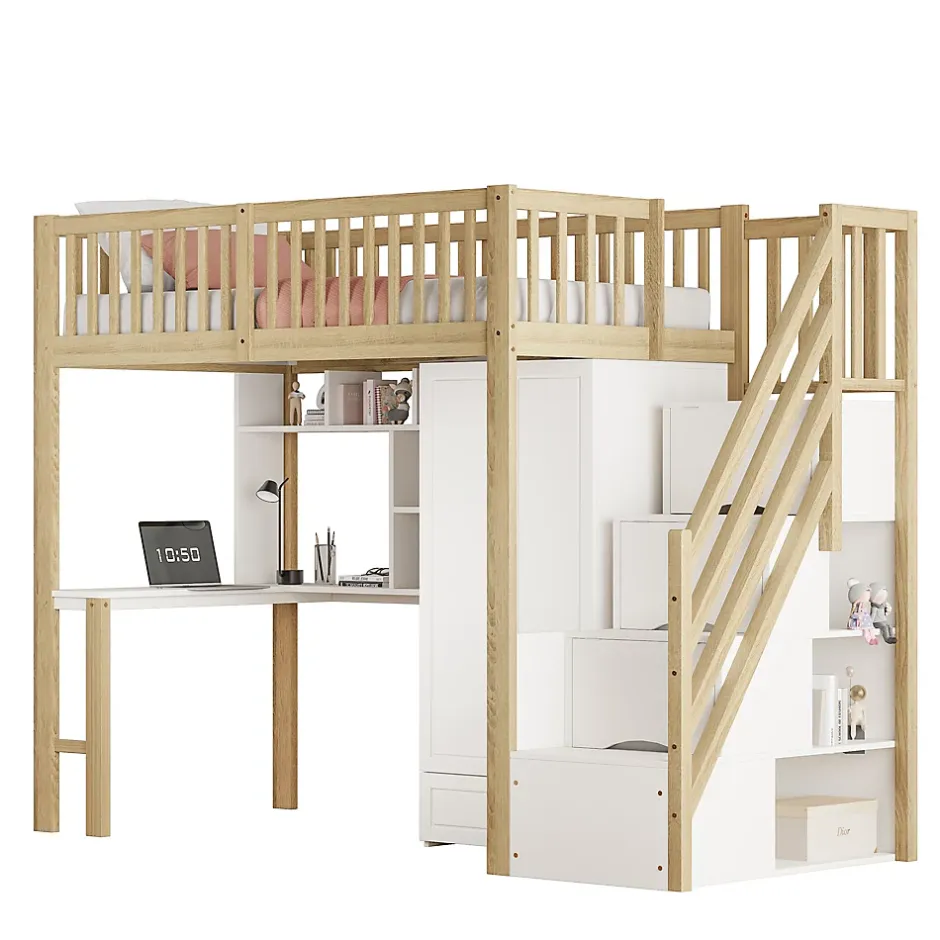 Redom Lit superposé 90x200 cm avec armoire et bureau intégrés, structure bois massif blanc/naturel, gain de place Best
