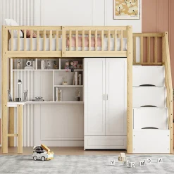 Redom Lit superposé 90x200 cm avec armoire et bureau intégrés, structure bois massif blanc/naturel, gain de place Best