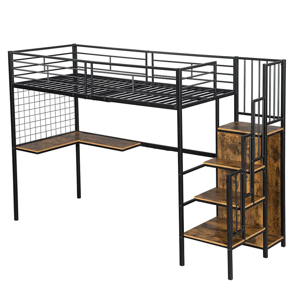 Redom Lit superposé 90x200 cm avec armoire intégrée et échelle latérale, structure métal et MDF, noir/noyer foncé Online