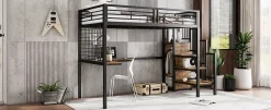 Redom Lit superposé 90x200 cm avec armoire intégrée et échelle latérale, structure métal et MDF, noir/noyer foncé Online