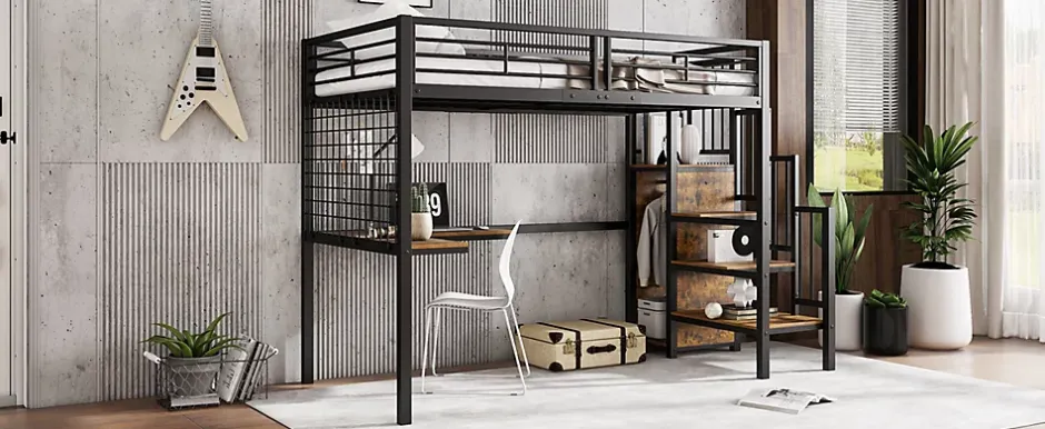 Redom Lit superposé 90x200 cm avec armoire intégrée et échelle latérale, structure métal et MDF, noir/noyer foncé Online
