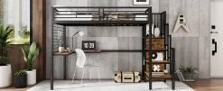 Redom Lit superposé 90x200 cm avec armoire intégrée et échelle latérale, structure métal et MDF, noir/noyer foncé Online