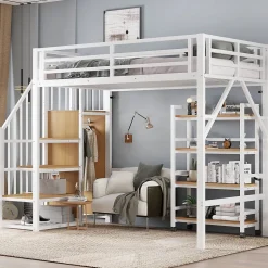 Enfant Redom Lit superposé 90x200 cm avec armoire d'angle, étagère roulante et garde-corps, structure métal/MDF