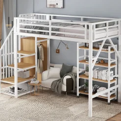Enfant Redom Lit superposé 90x200 cm avec armoire d'angle, étagère roulante et garde-corps, structure métal/MDF