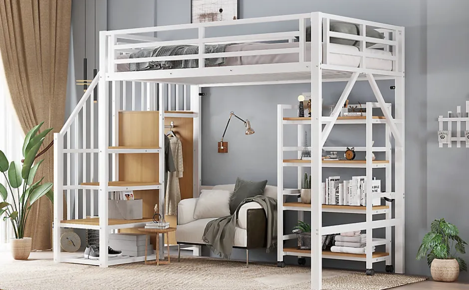 Enfant Redom Lit superposé 90x200 cm avec armoire d'angle, étagère roulante et garde-corps, structure métal/MDF
