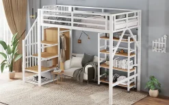 Enfant Redom Lit superposé 90x200 cm avec armoire d'angle, étagère roulante et garde-corps, structure métal/MDF