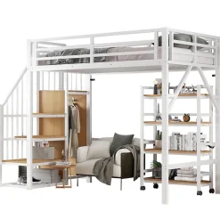 Enfant Redom Lit superposé 90x200 cm avec armoire d'angle, étagère roulante et garde-corps, structure métal/MDF