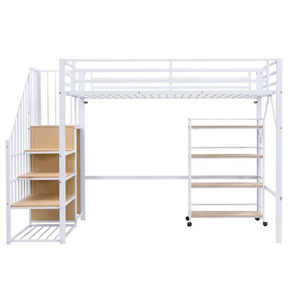 Enfant Redom Lit superposé 90x200 cm avec armoire d'angle, étagère roulante et garde-corps, structure métal/MDF