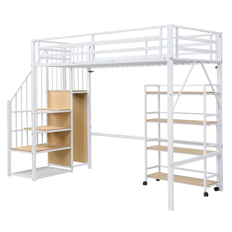 Enfant Redom Lit superposé 90x200 cm avec armoire d'angle, étagère roulante et garde-corps, structure métal/MDF