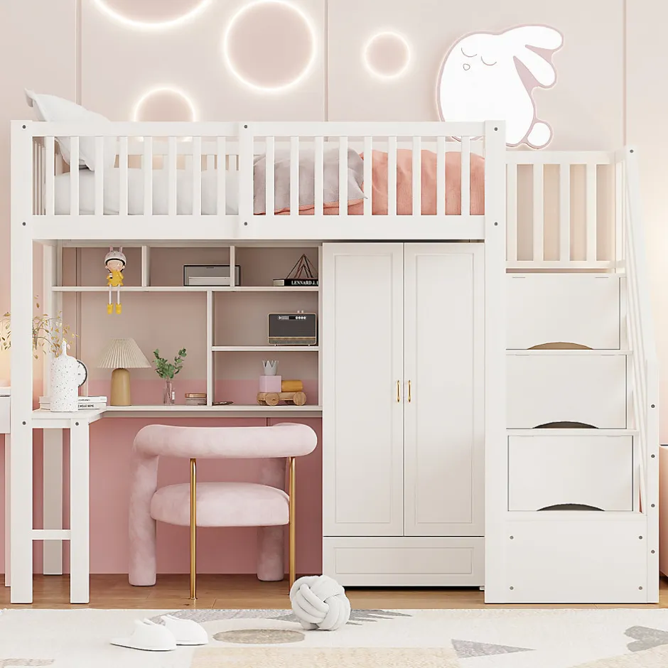 Enfant Redom Lit superposé 90x200 cm avec armoire et bureau intégrés, escalier tiroirs en bois massif blanc, gain de place